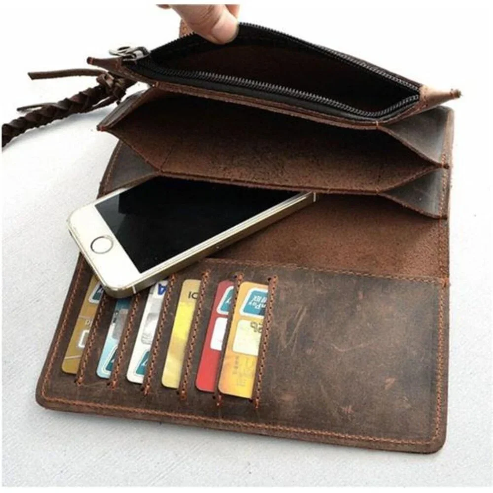 Mens Wallet with Chain Leather Long Bifold Trucker Wallet Vintage Biker Money
